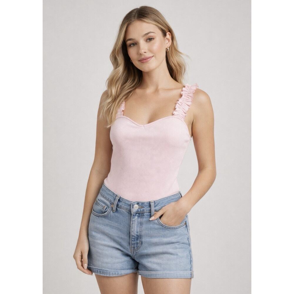 Blue Rain Pink Ribbed Ruffle Strap Bodysuit Women’s Large Sweetheart Neck NWT